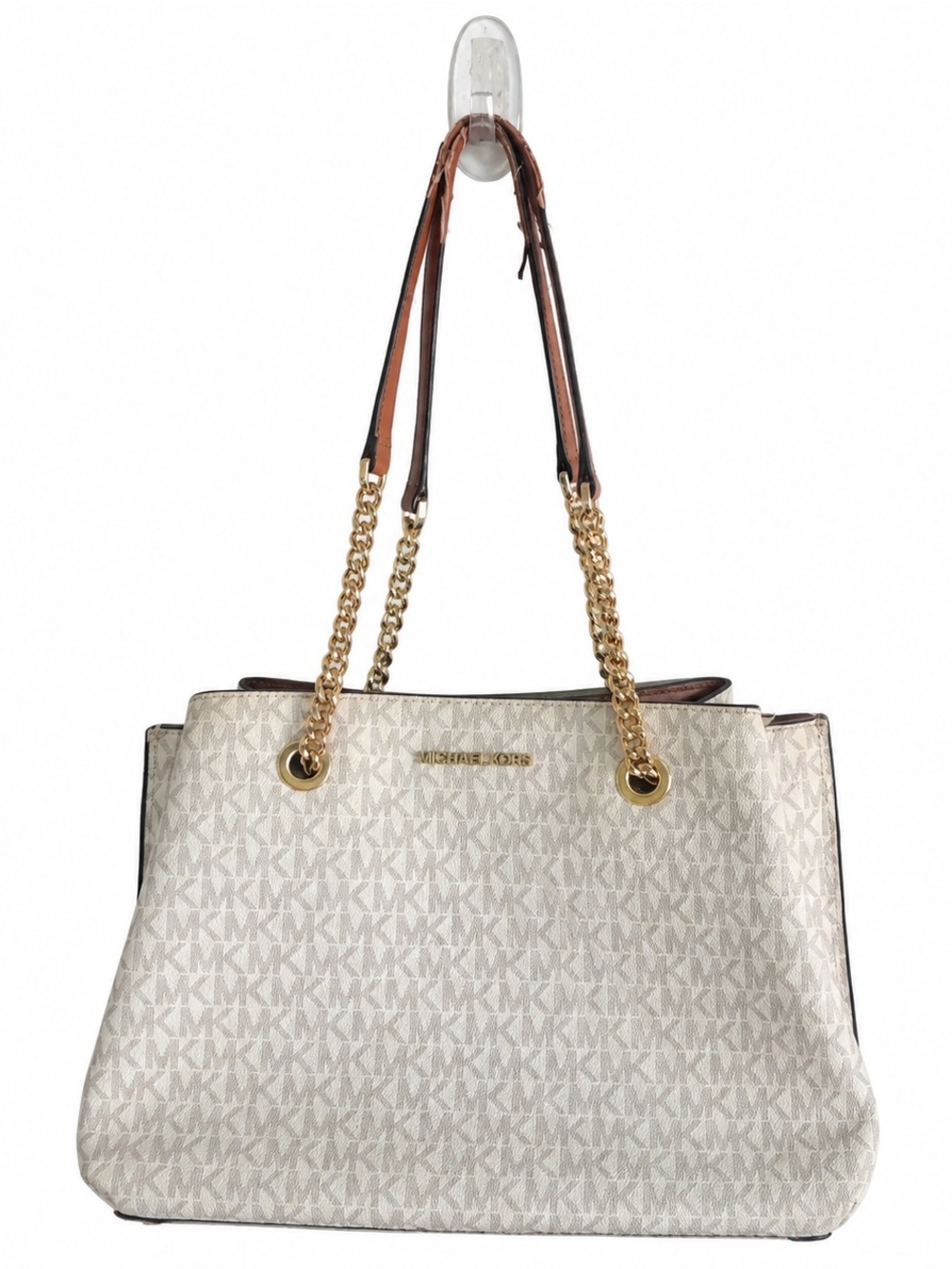 Michael Kors Ivory Signature Canvas Chain Shoulder Tote Gold Hardware